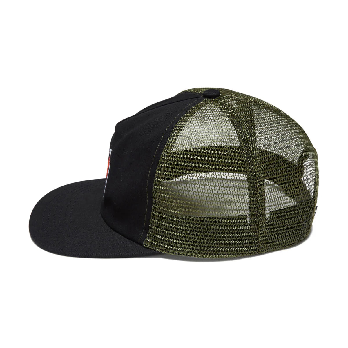 A black and olive green trucker cap with a solid black front panel and bill, and an olive green mesh back, shown from a three-quarters angle on a white background.
