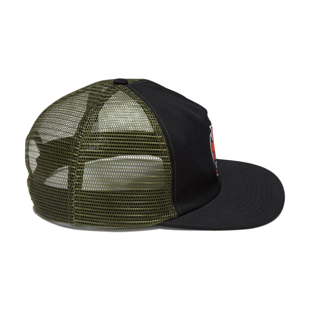 A black trucker cap with olive green mesh back panels and a small red and white embroidered logo on the side, shown against a plain white background.