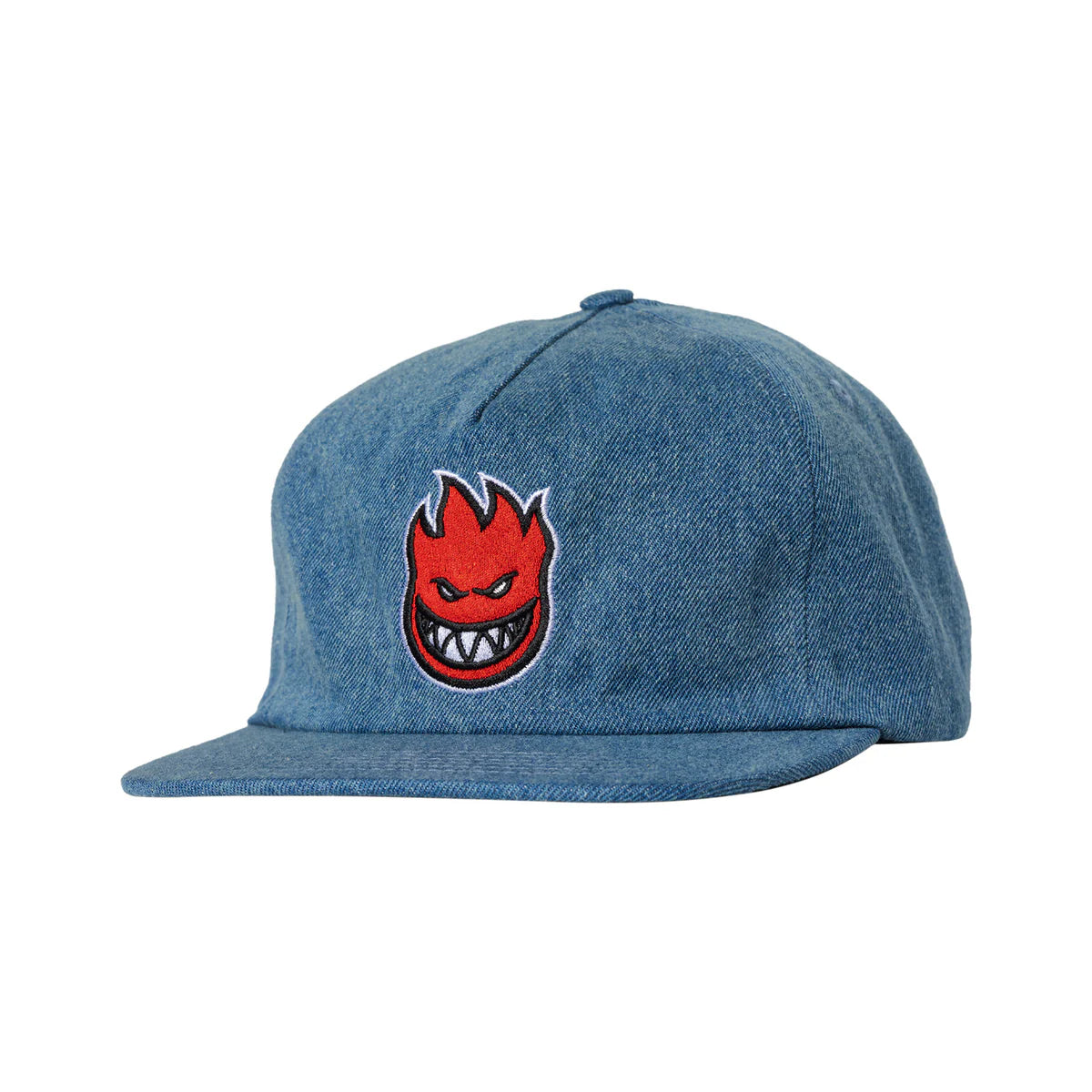 Blue denim cap with a red and white logo on a white background