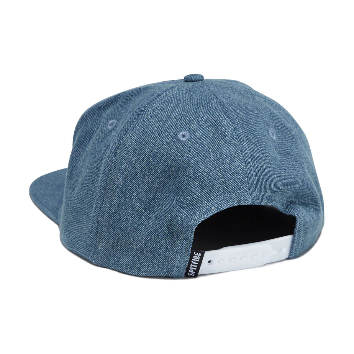 Blue denim cap with a brand logo on the back on a white background