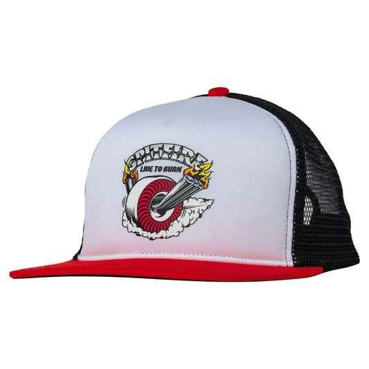 White and black trucker cap with red brim featuring a graphic design on a white background