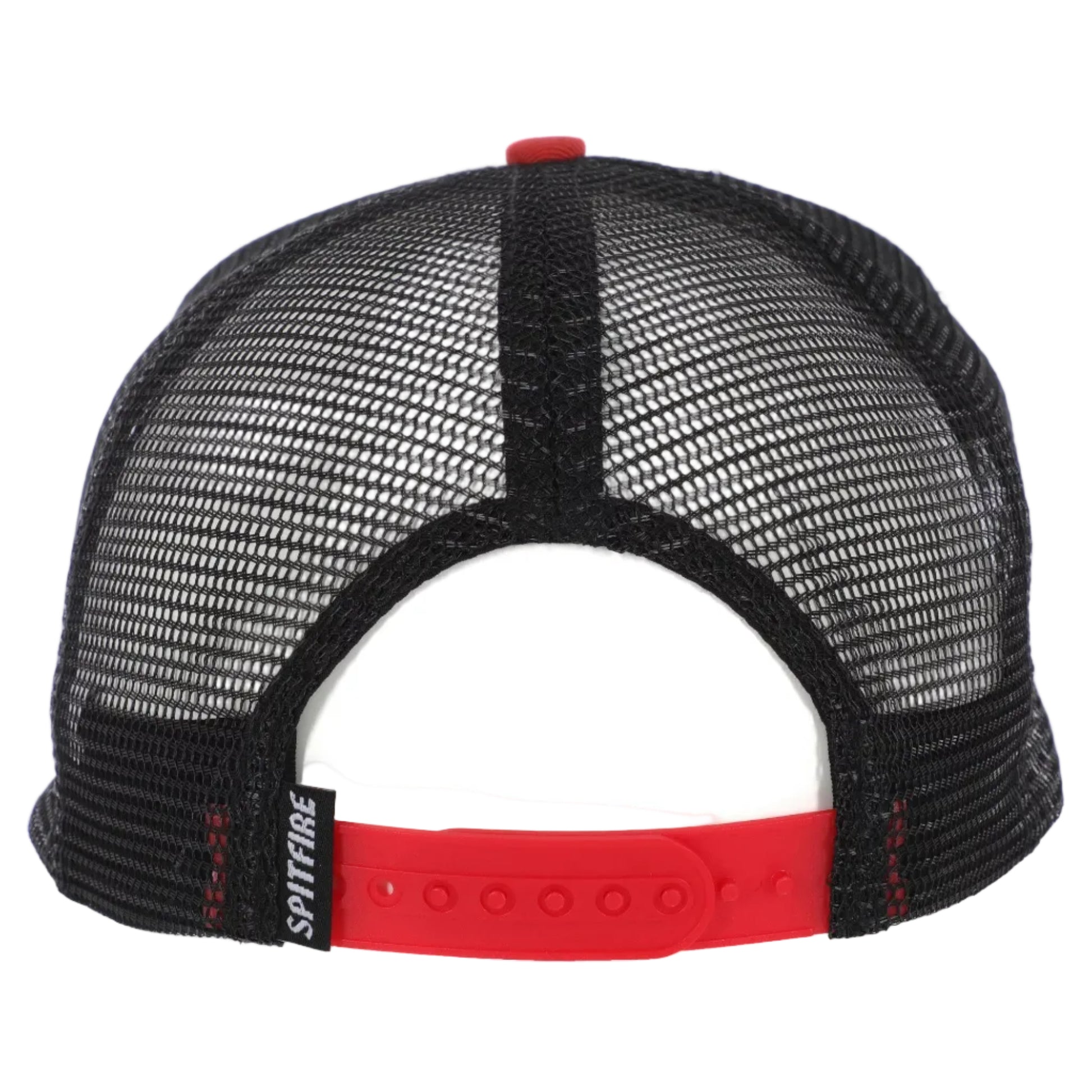 Black mesh cap with red accents and a visible brand logo on a white background