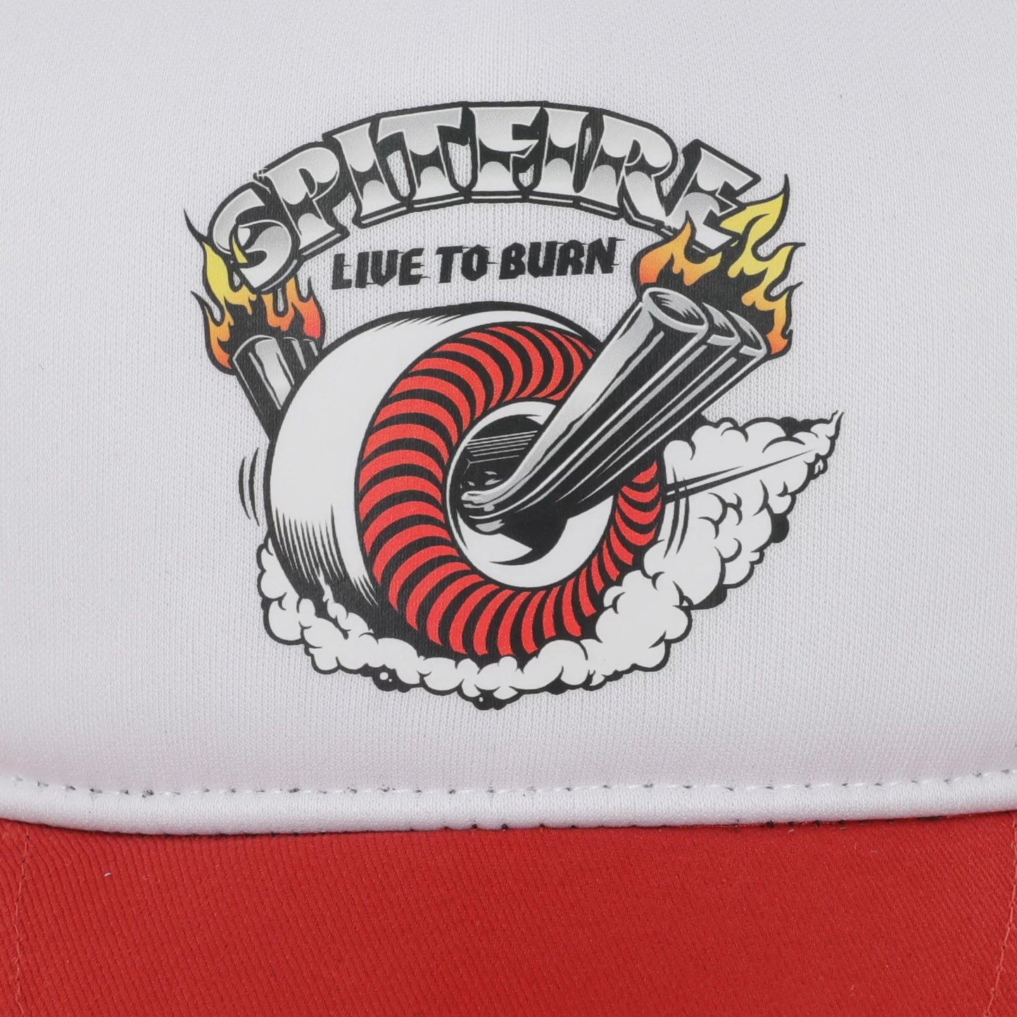 Cap with a graphic design featuring a turbine and text on a white background