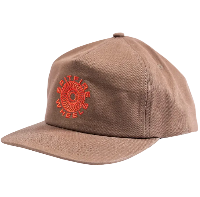 Brown cap with red logo on a white background