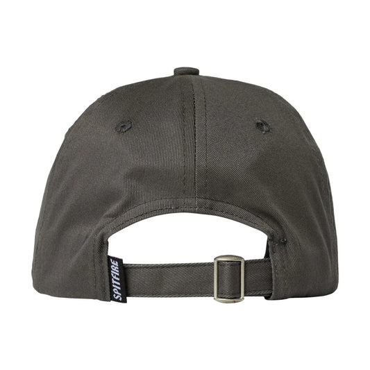 Dark gray cap with a strap and visible brand logo on a white background