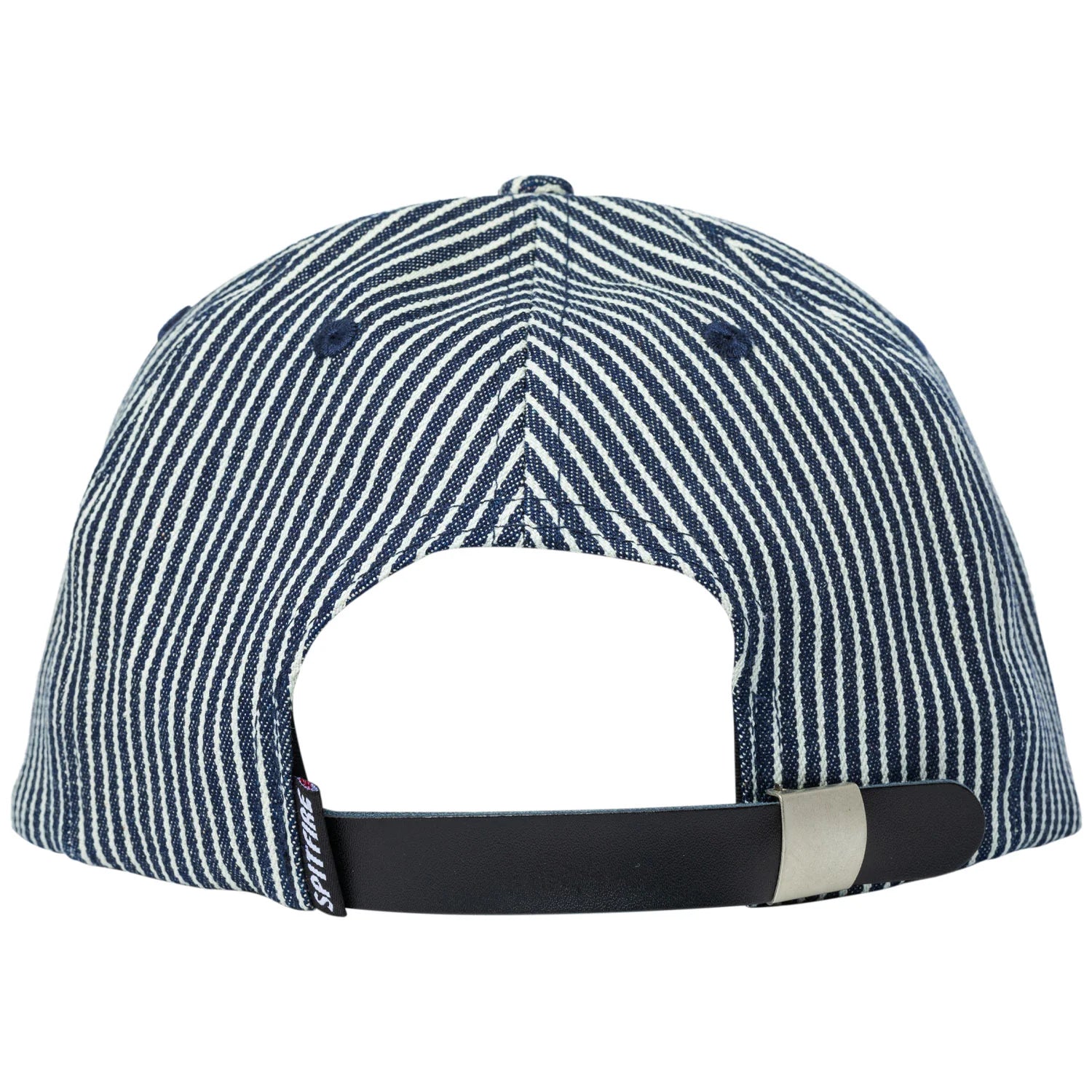Blue and white striped cap with a black and gray strap on a white background