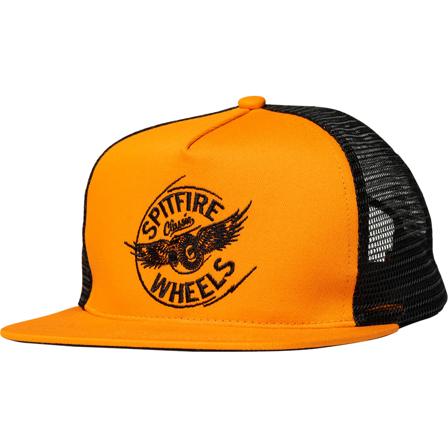 Orange and black cap with 'Spitfire Wheels' logo on a white background