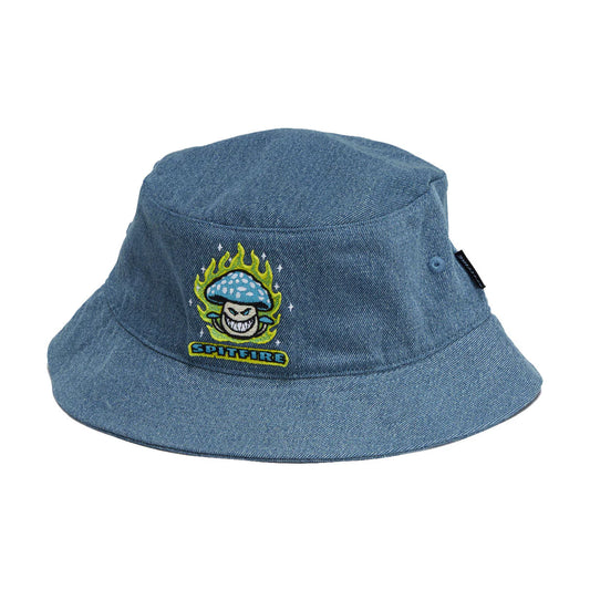 Blue denim bucket hat with a embroidered design on a white background