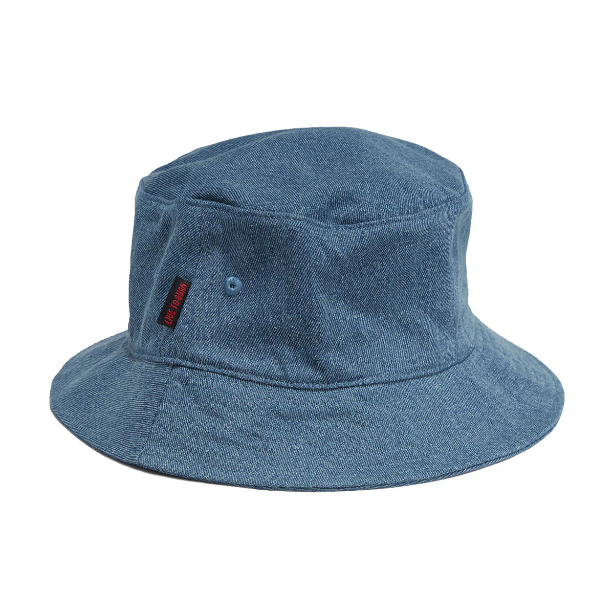 Blue bucket hat with a red label on a white background