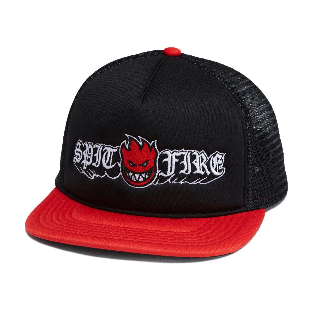 Black and red cap with 'Spit Fire' logo on a white background