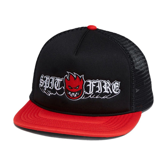 Black and red cap with 'Spit Fire' logo on a white background