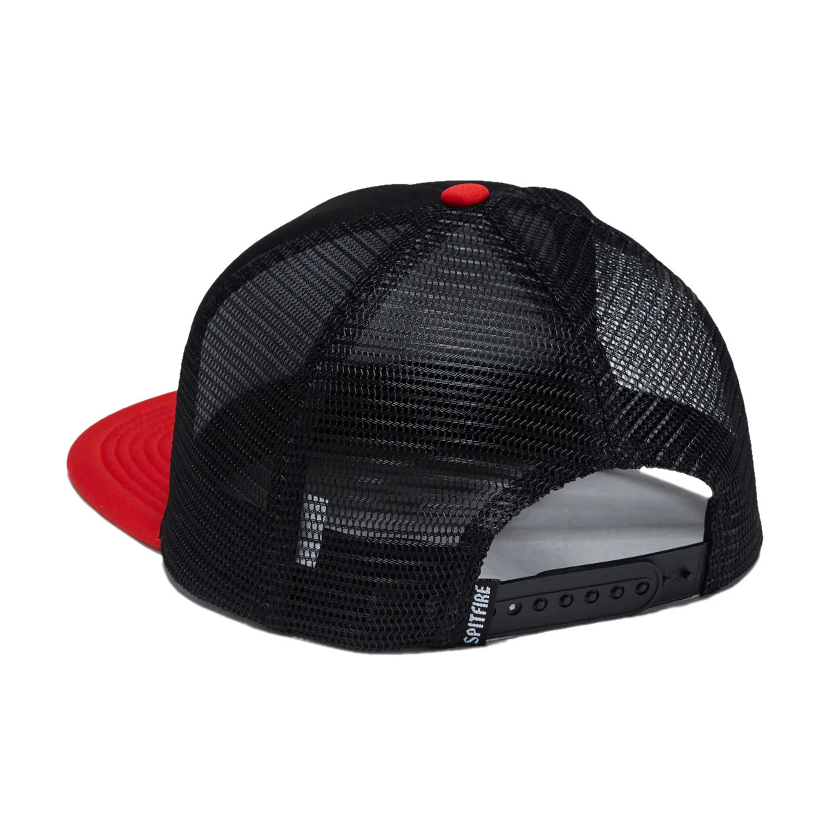 Black mesh cap with red interior and brand logo on a white background