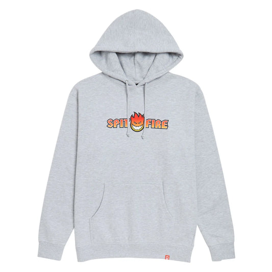 A light gray heather pullover hoodie featuring a 'SPIT FIRE' graphic on the chest with a cartoon flame face, displayed against a solid white background.