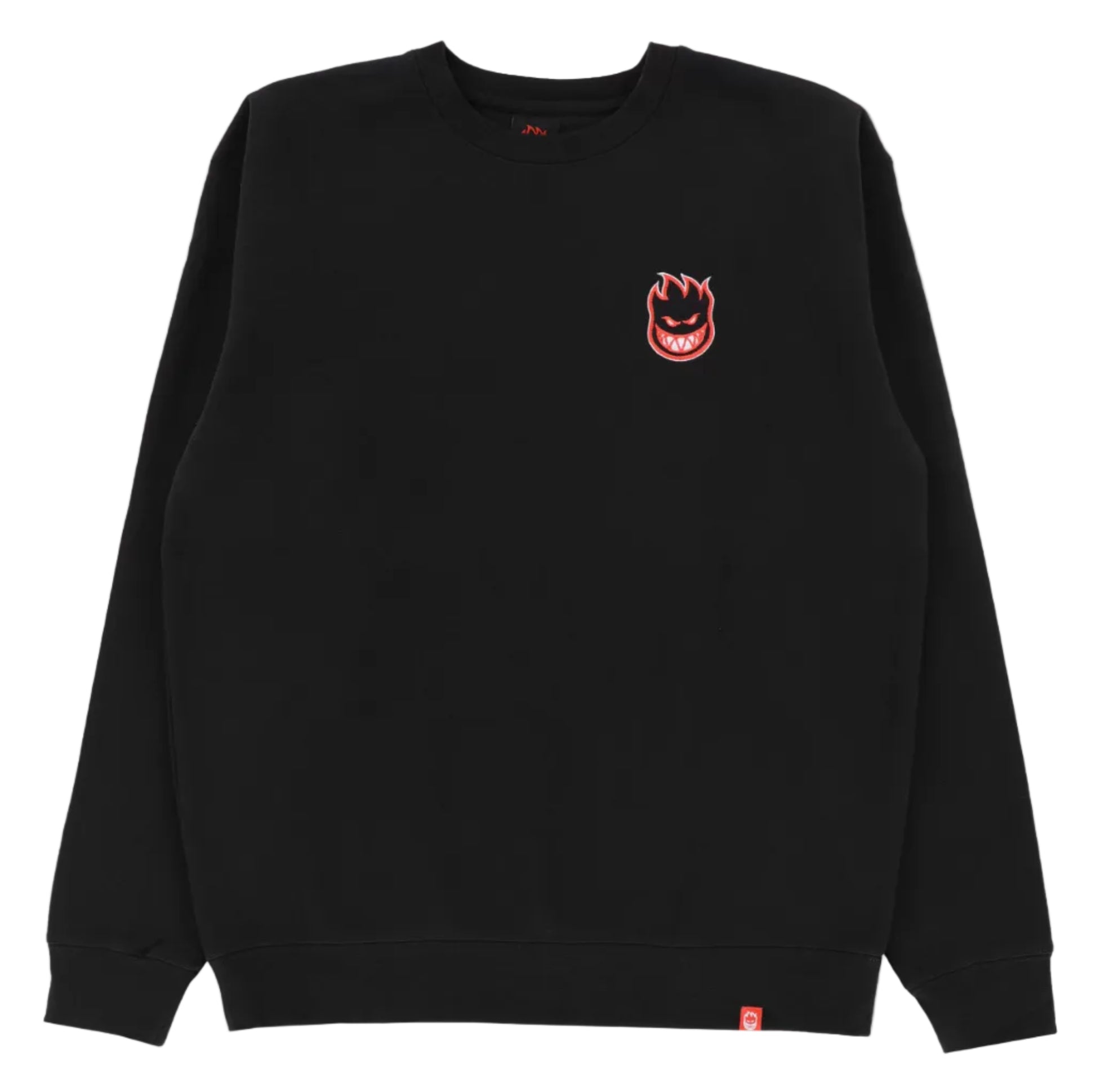 Black sweatshirt with a red logo on a white background