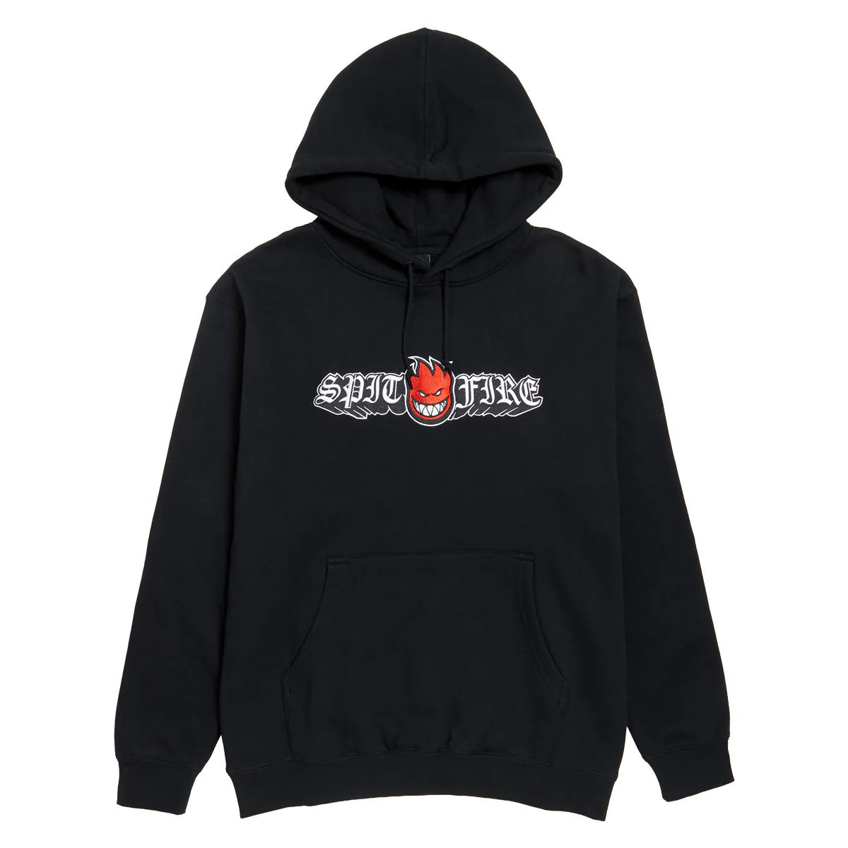 Black hoodie with 'Spitfire' logo on a white background