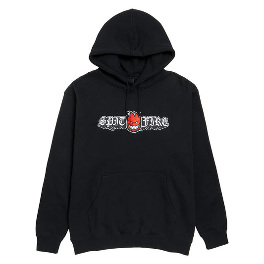 Black hoodie with 'Spitfire' logo on a white background