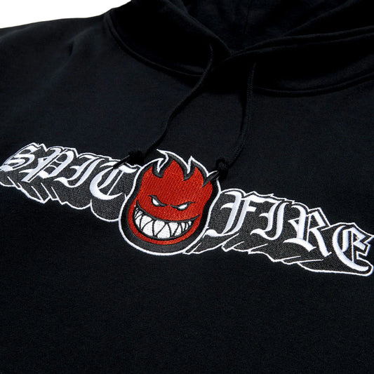 Black hoodie with a red and white logo on a black background