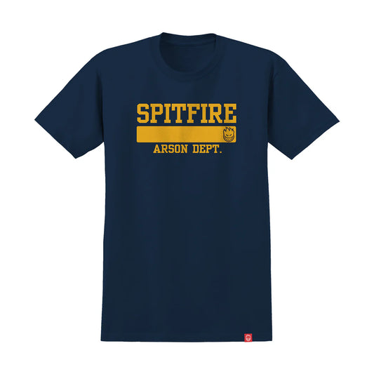 Navy blue t-shirt with yellow text 'SPITFIRE ARSON DEPT.' on a white background