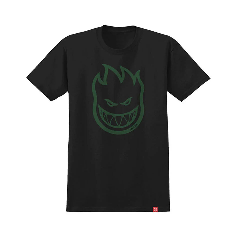 Black t-shirt with green graphic on a white background