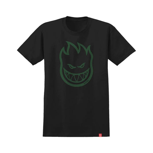 Black t-shirt with green graphic on a white background