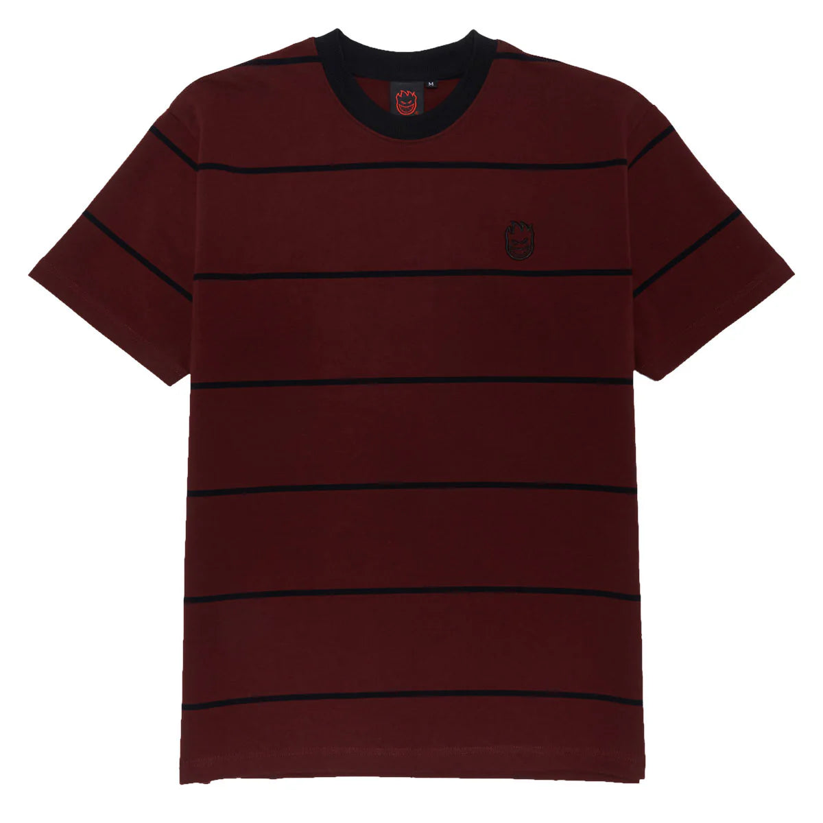 Maroon t-shirt with black stripes on a white background