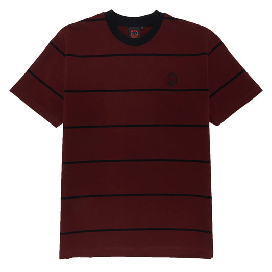Maroon t-shirt with black stripes on a white background
