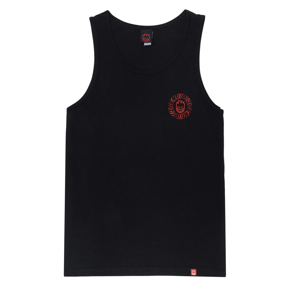 Black tank top with a red logo on a white background