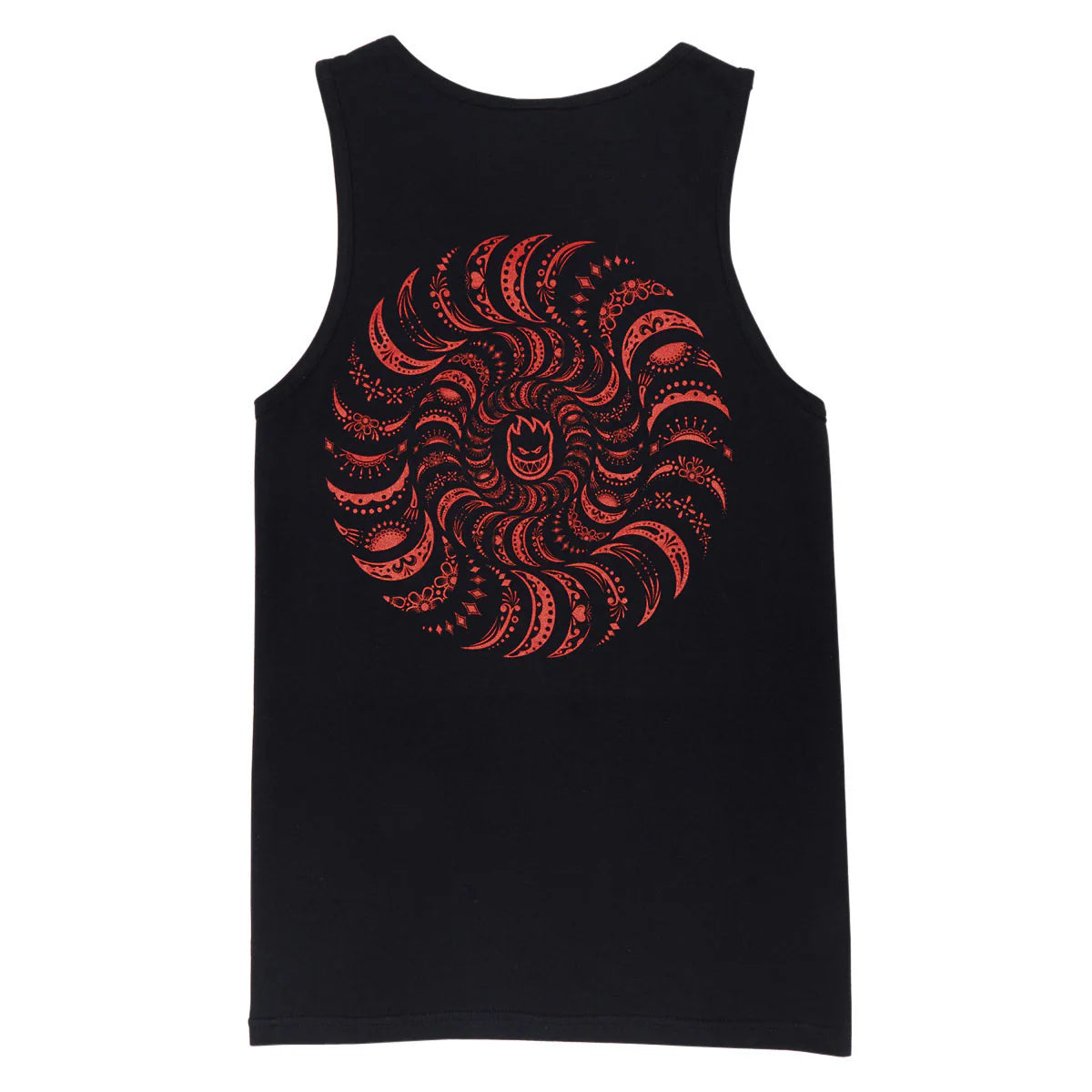 Black tank top with red abstract pattern on a white background