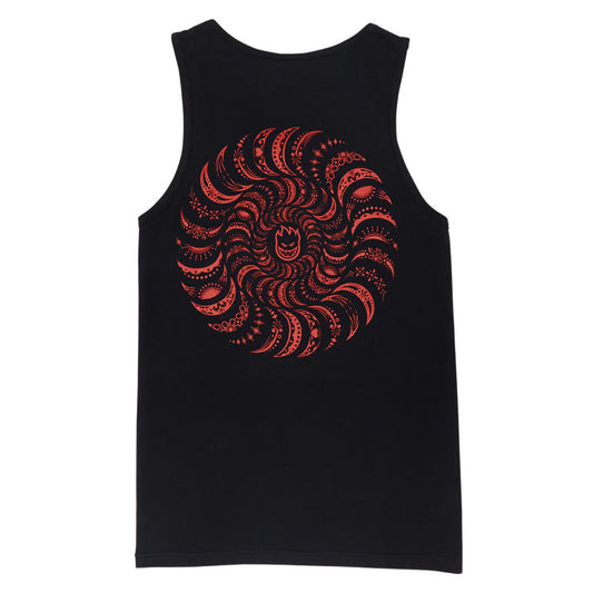 Black tank top with red abstract pattern on a white background