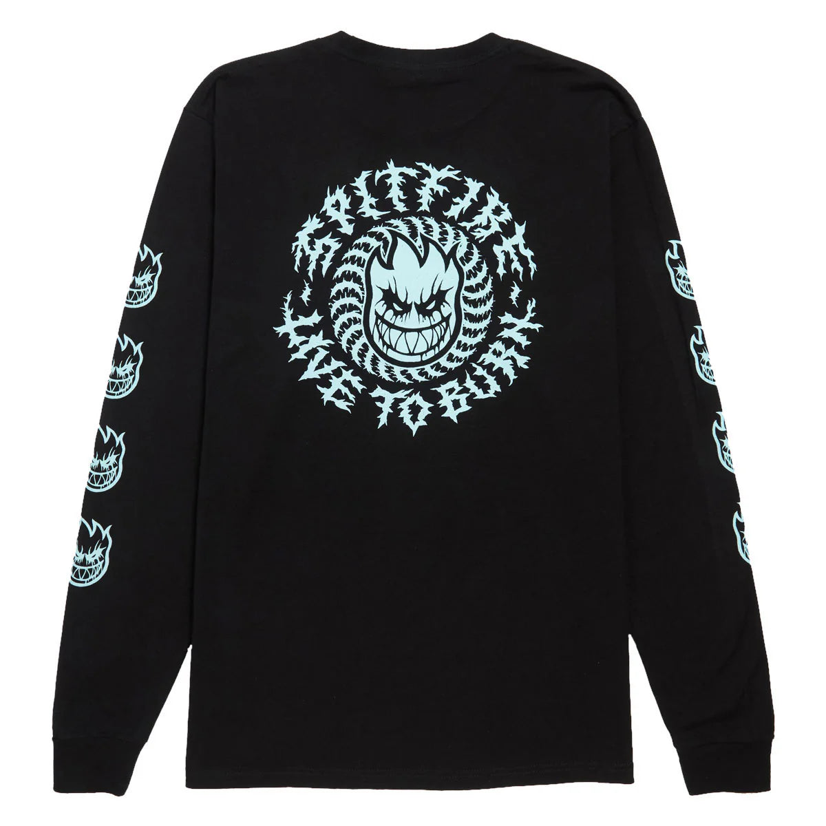A black long-sleeve t-shirt with a large light blue graphic on the back featuring a skull surrounded by text, and matching light blue graphics on both sleeves, shown against a plain white background.