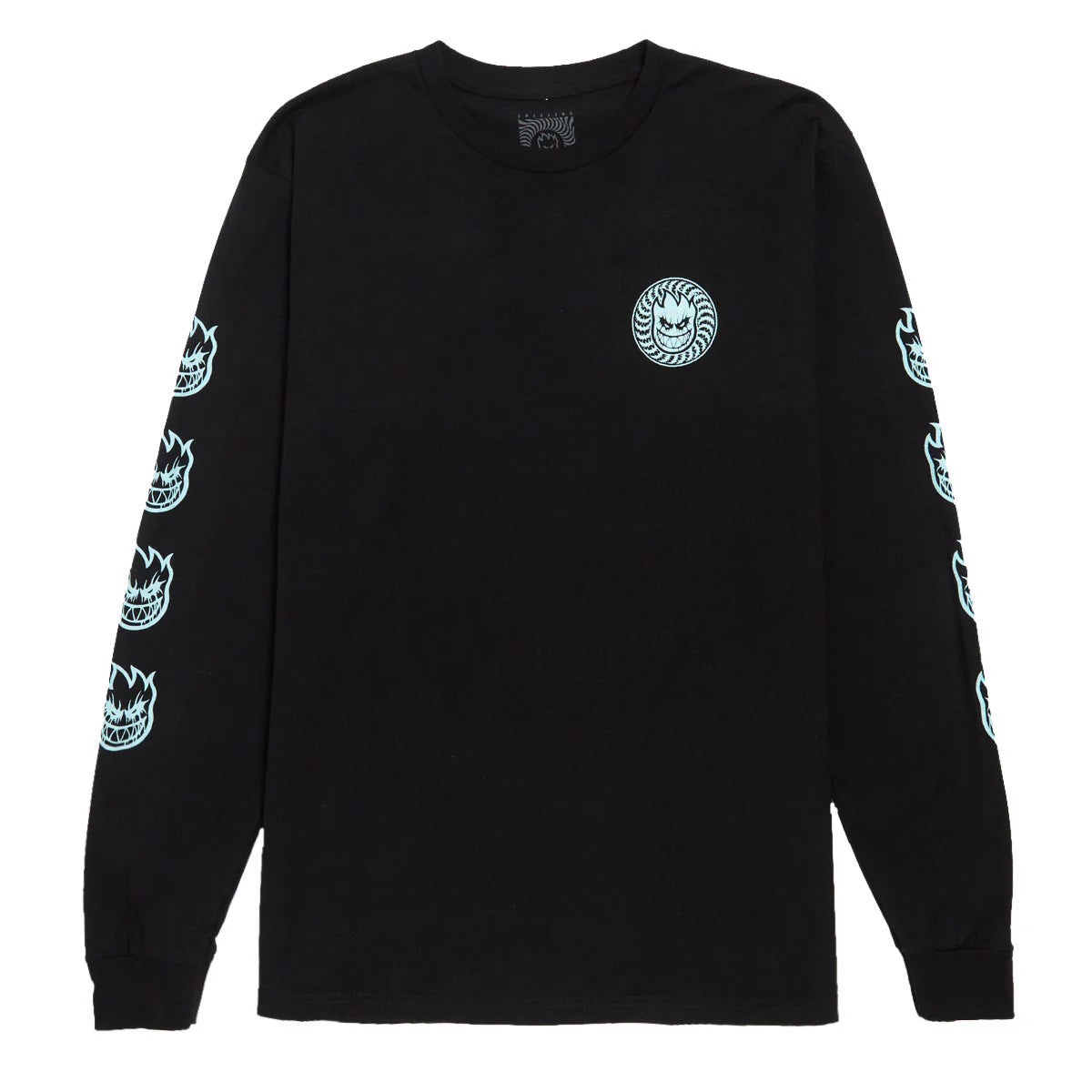 A black long-sleeve crewneck shirt featuring a circular skull-and-flame logo on the left chest and matching flame skull graphics printed down both sleeves, shown against a plain white background.