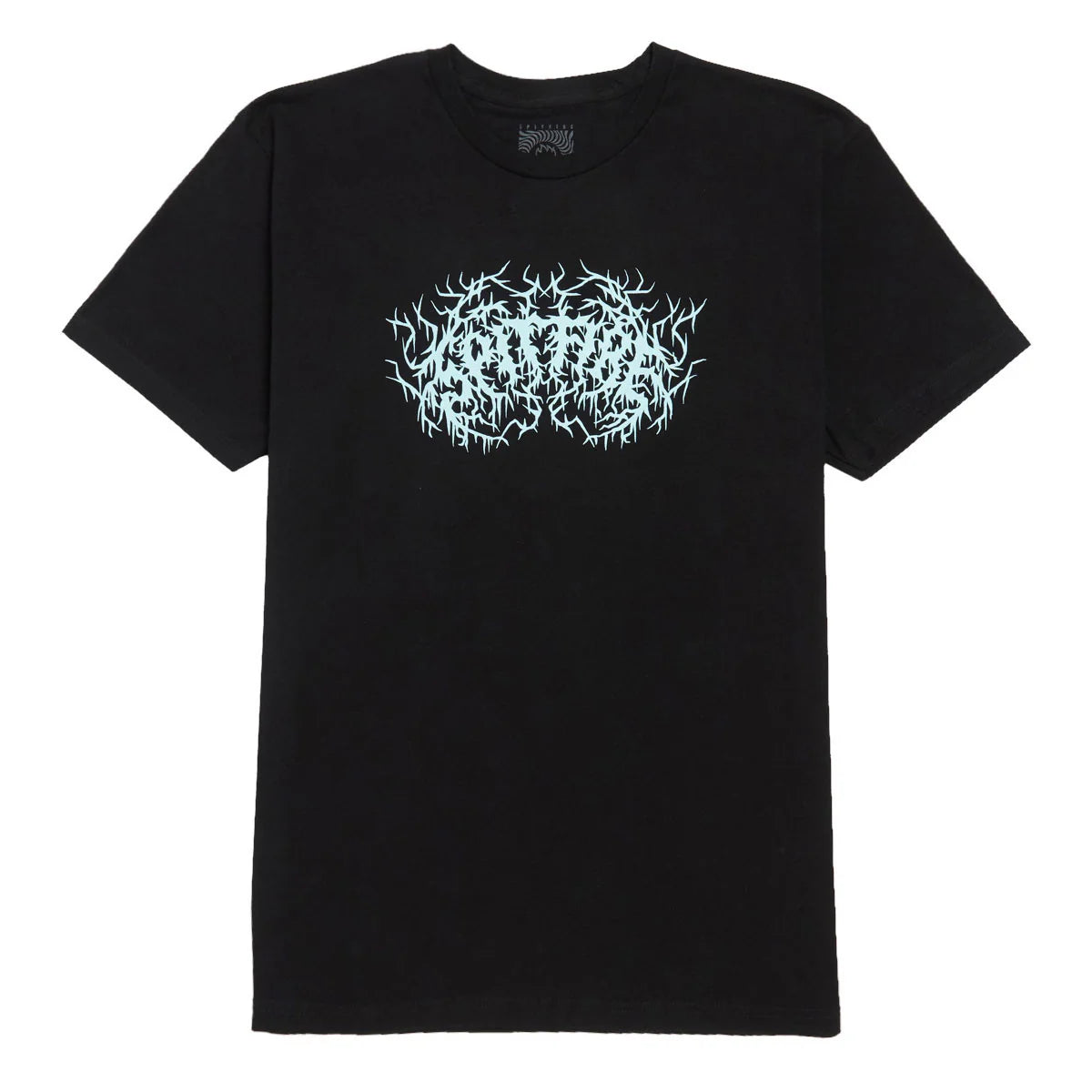 A black short-sleeve crewneck t-shirt featuring a white metallic-style graphic of a skull-like emblem on the chest, displayed flat against a solid white background.