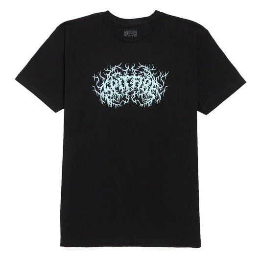 A black short-sleeve crewneck t-shirt featuring a white metallic-style graphic of a skull-like emblem on the chest, displayed flat against a solid white background.