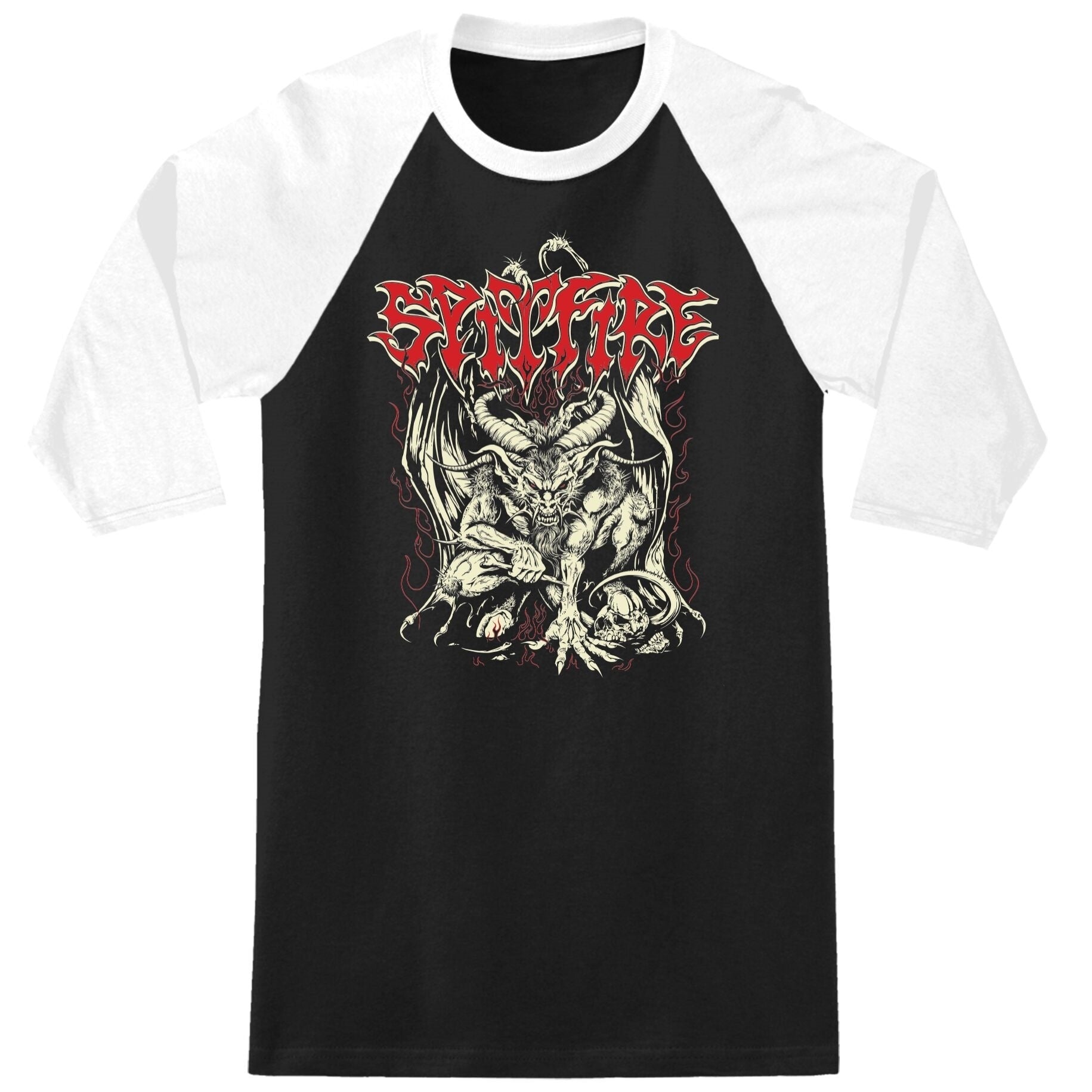 Black and white baseball shirt with graphic design and 'Spitfire' text on a white background