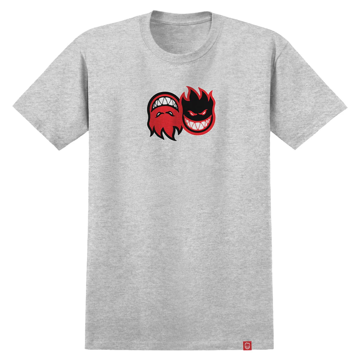 Gray t-shirt with a red and black graphic design on a white background