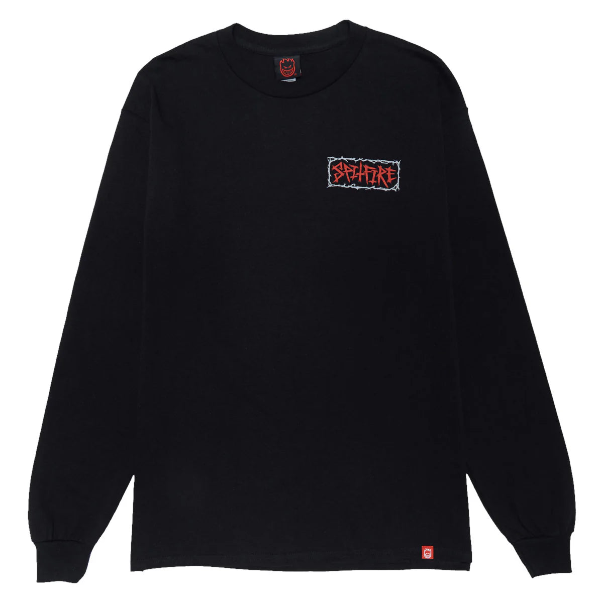 Black long-sleeve shirt with a logo on the chest against a white background