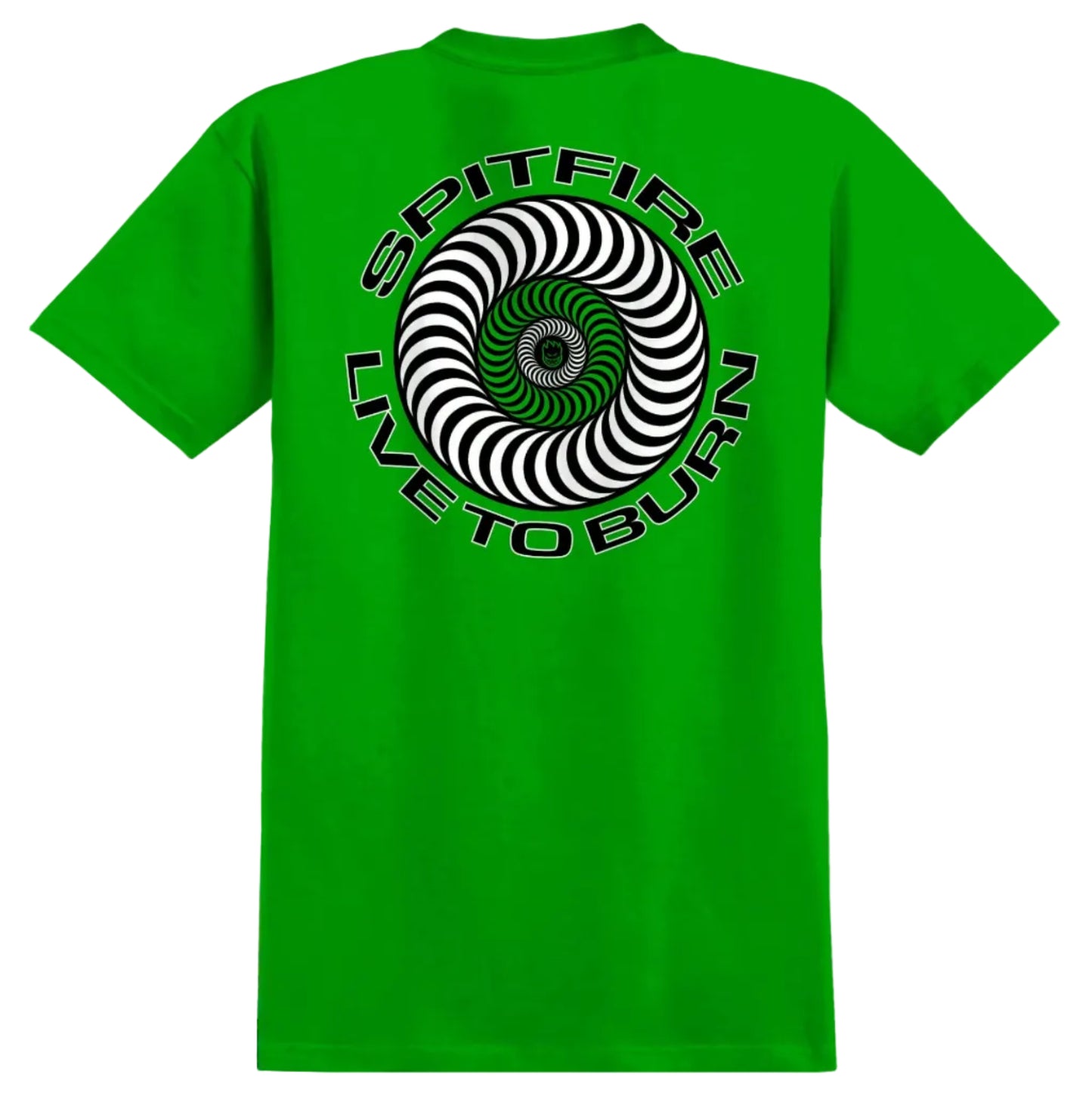 Green t-shirt with a black and white spiral design and text on the back