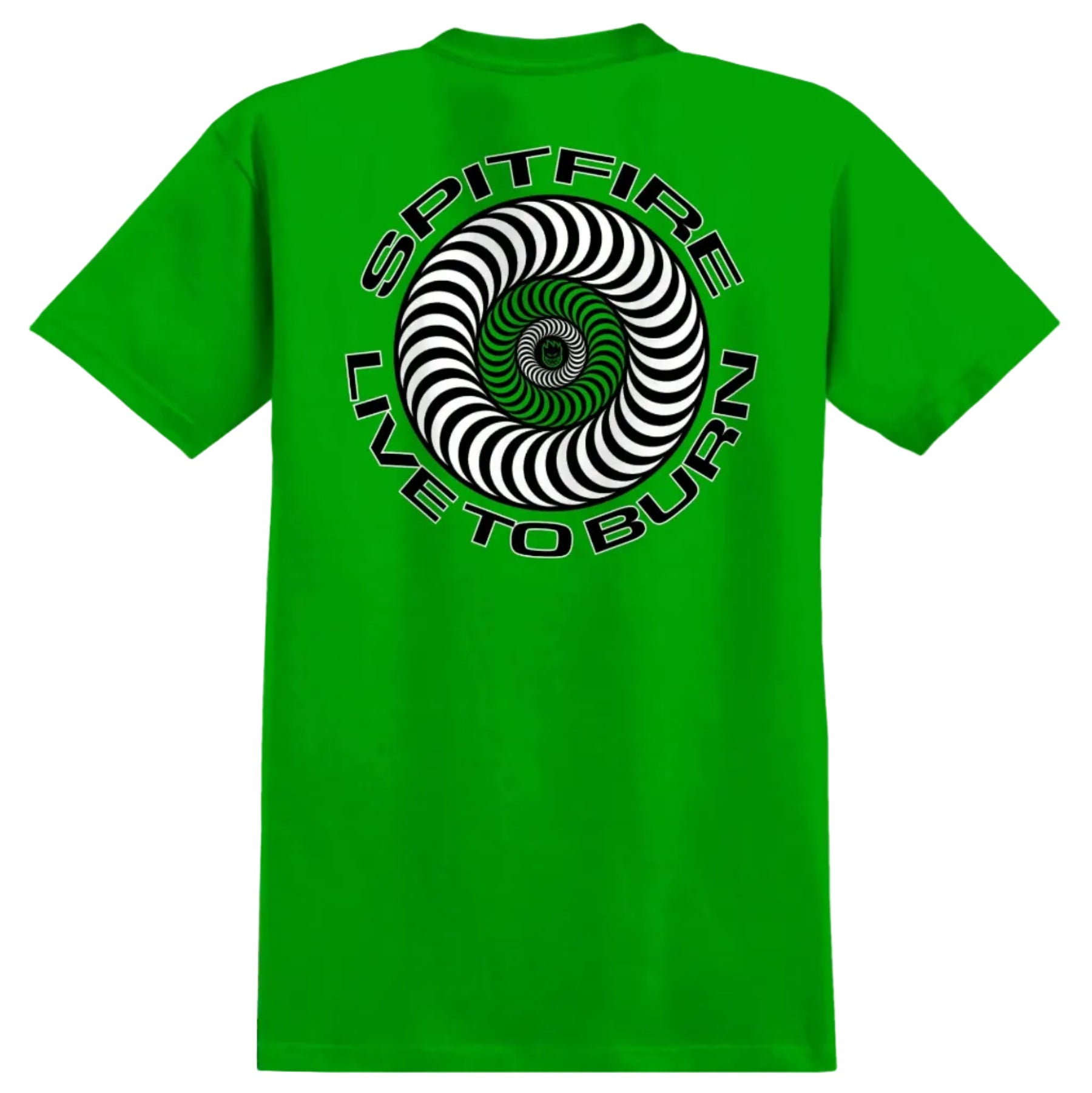 Green t-shirt with a black and white spiral design and text on the back