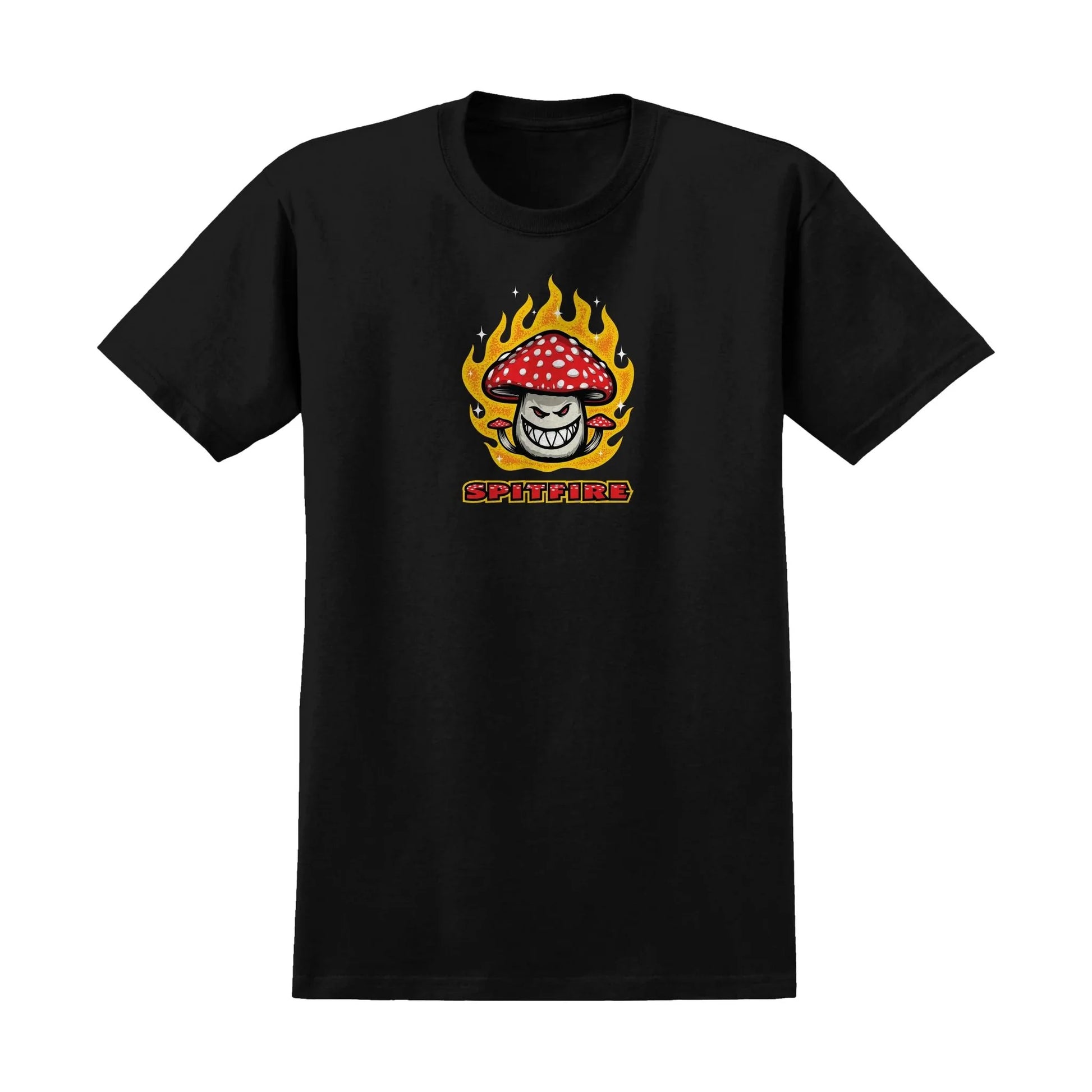 Black t-shirt with a graphic design of a mushroom with flames and a skull on a white background