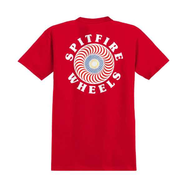Red t-shirt with 'Spitfire Wheels' logo on the back against a white background