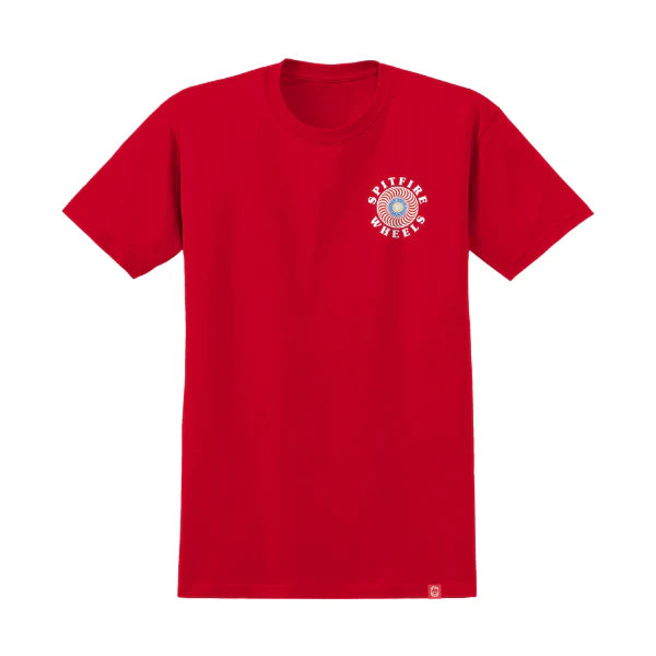 Red t-shirt with a logo on the chest against a white background
