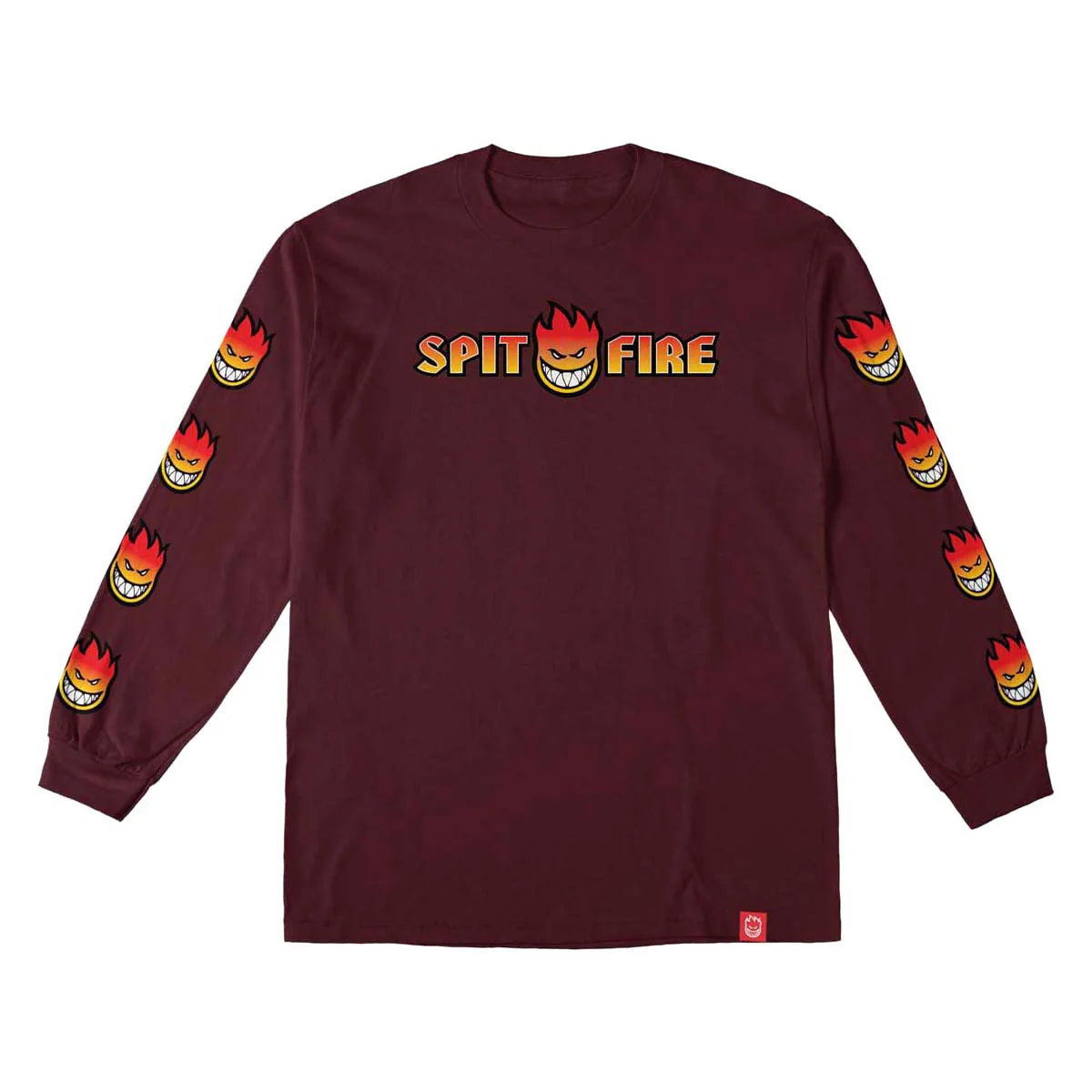 A long-sleeve crewneck t-shirt in maroon, featuring the 'Spit Fire' logo printed across the chest in yellow and orange, with matching flame-head graphics running down both sleeves.