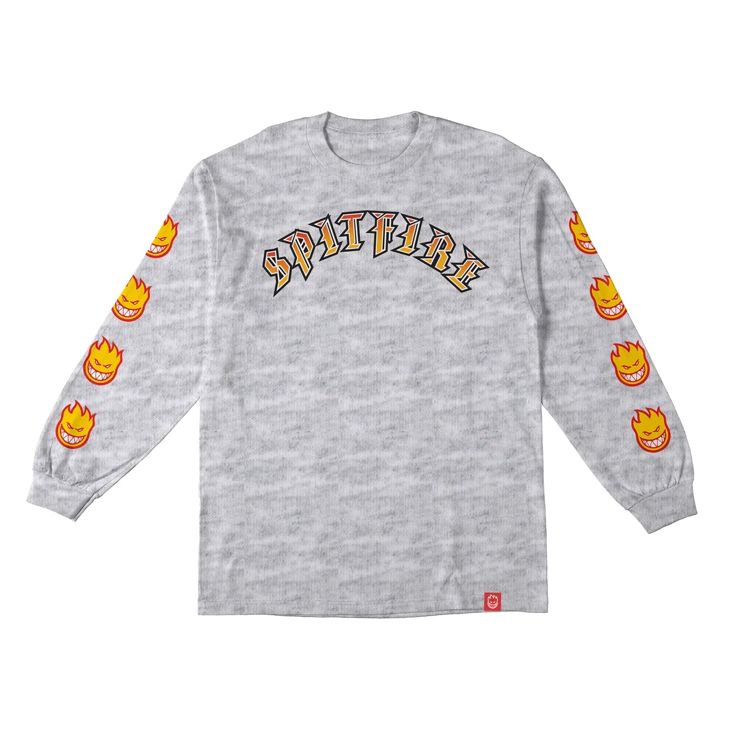 Gray long-sleeve shirt with 'Spitfire' logo and flame graphics on sleeves against a white background