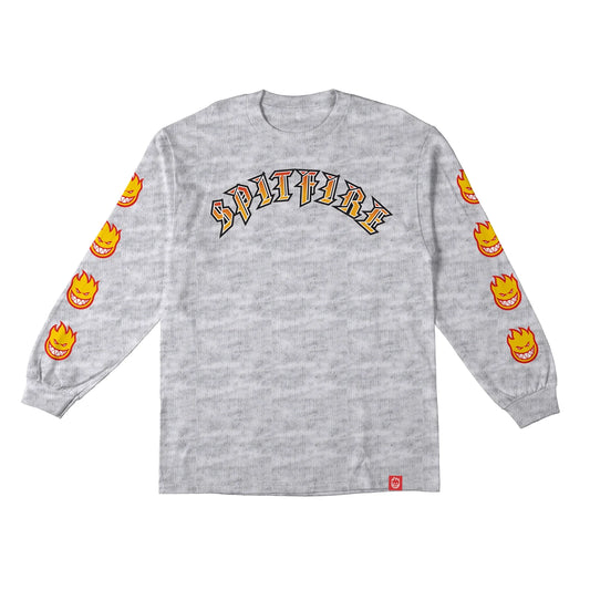 Gray long-sleeve shirt with 'Spitfire' logo and flame graphics on sleeves against a white background