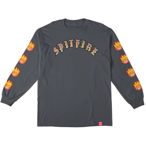 Gray long-sleeve shirt with 'Spitfire' logo and flame graphics on sleeves against a white background