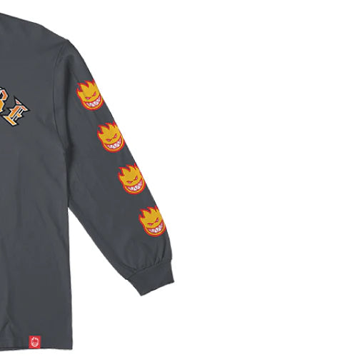 Gray long-sleeve shirt with logos on sleeves against a white background