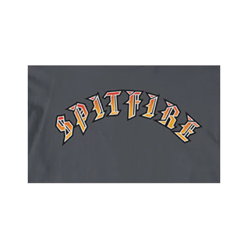 grey t-shirt with 'SPITFIRE' logo in yellow and red on a white background