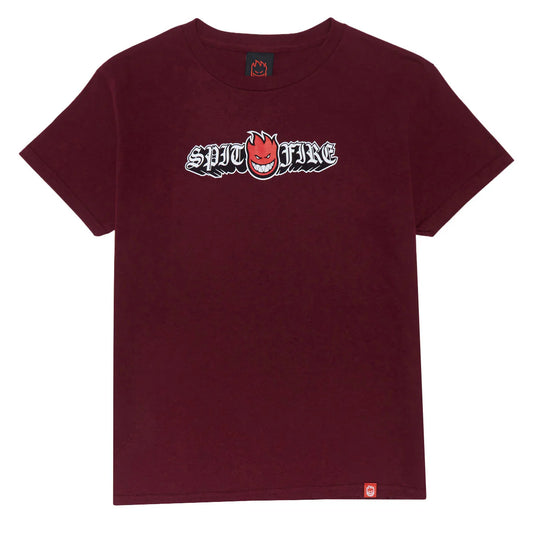 Maroon t-shirt with 'Spitfire' logo on a white background