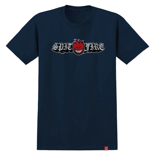 Navy blue t-shirt with 'Spitfire' logo on a white background