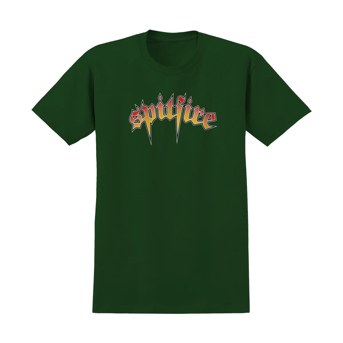 Green t-shirt with 'spitfire' logo on a white background